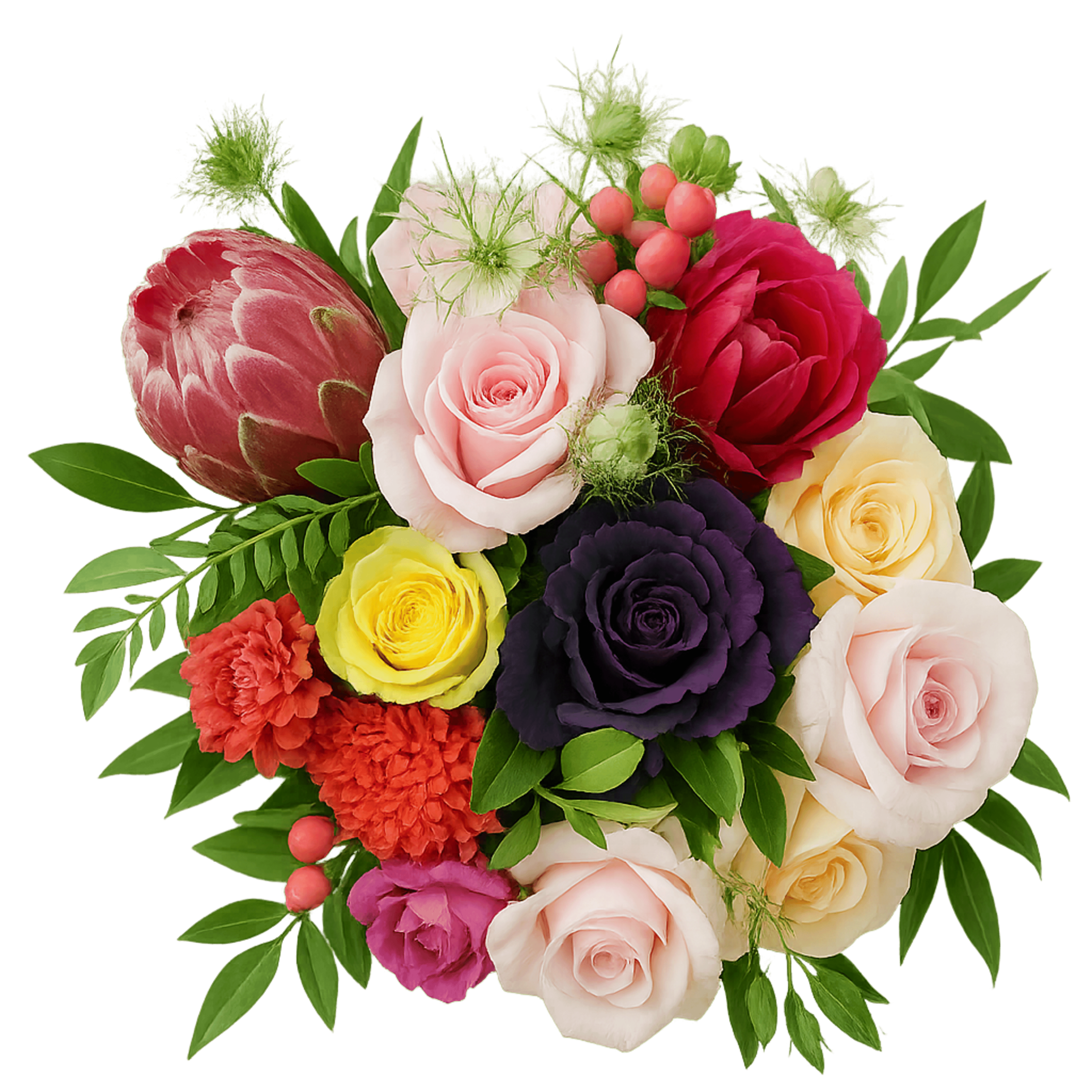 Colorful bouquet of roses, protea and carnations designed by Mara Frangipani